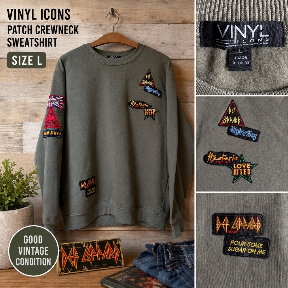 Vinyl Icons Def Leppard Patch Crewneck Sweatshirt Olive Green Rock Band Large